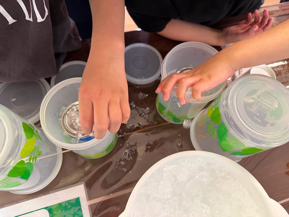 成田ゆめ牧場 ミルクアイス作りで氷を入れる