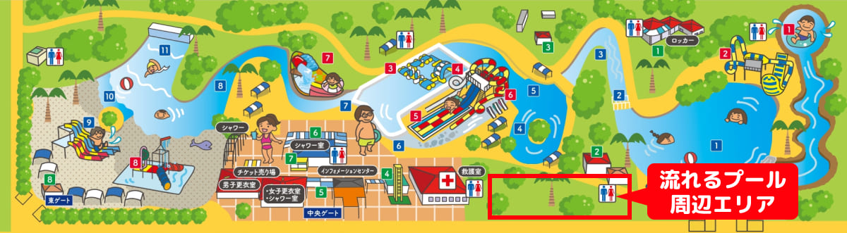 流れるプール周辺はテントだらけで激込み必至