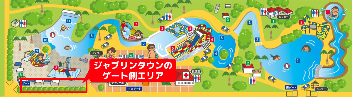 休憩に便利で賑やか！ジャブリンタウンのゲート側エリア